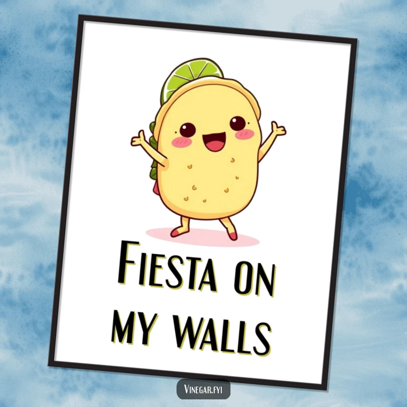 Funny kawaii taco doing a joyful jig with a lime slice hat, as a vibrant wall art print, perfect for a funny gift.