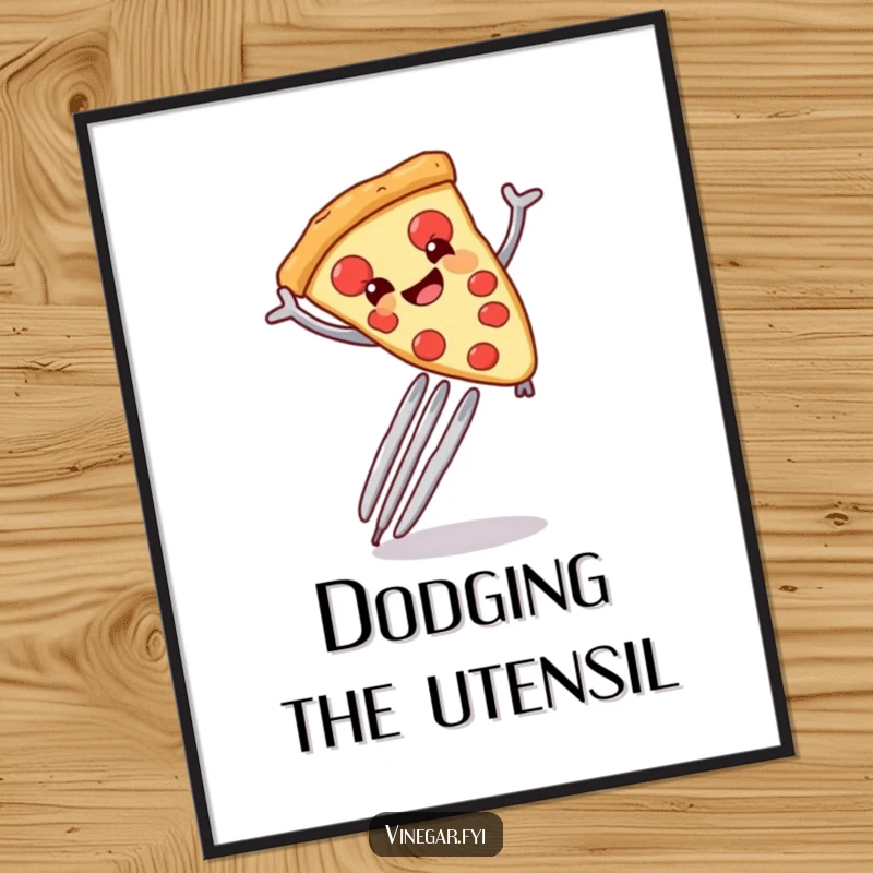 Funny illustration of a smiling pizza slice enthusiastically leaping over a giant fork, for tasty wall art.