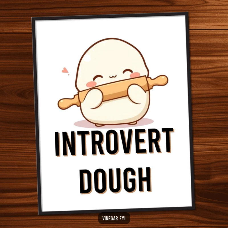 Funny poster featuring a bashful dumpling blushing and hiding behind a tiny rolling pin, an endearing piece of food-themed art.