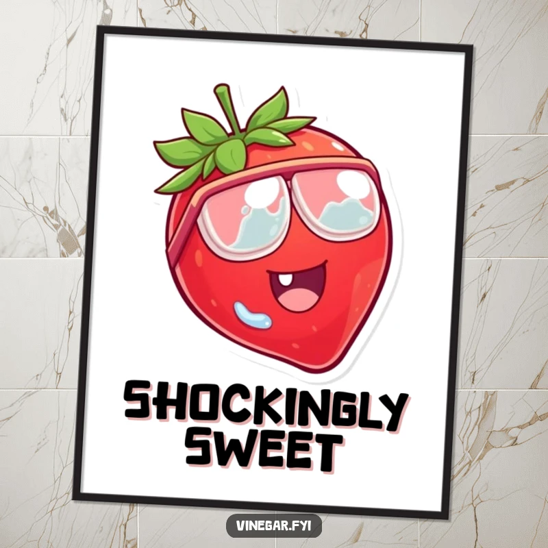 Funny poster of a laughing strawberry character with tiny vinegar goggles, eyes wide with comical surprise.