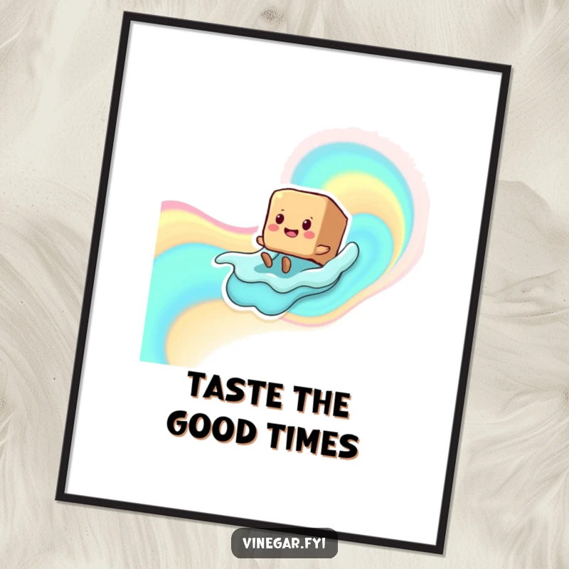Funny smiling brown sugar cube character with tiny legs sliding down a liquid wave, presented as vibrant and cheerful wall art.