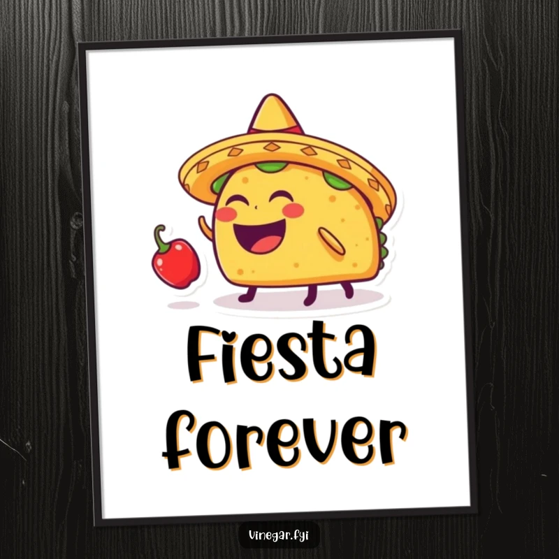 Funny laughing taco with a sombrero bouncing a minuscule chili pepper on its head, presented as vibrant wall art.