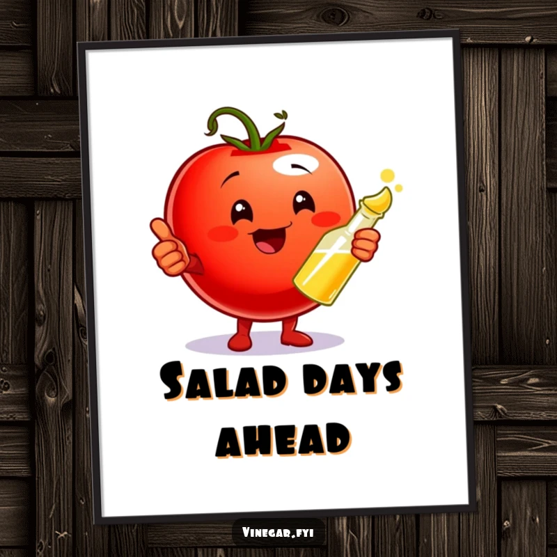 Funny Poster illustrating a cheerful cherry tomato giving a thumbs up, holding a vinegar cruet, celebrating a perfect flavor combination.