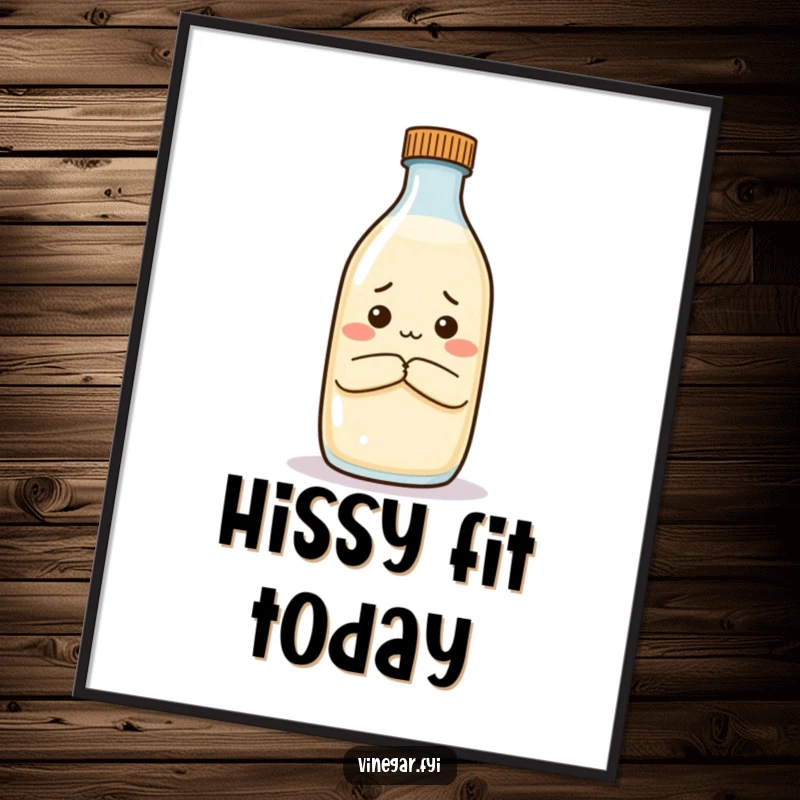 Funny poster of a vinegar bottle with arms crossed, looking unimpressed by milk, perfect wall art for foodies.
