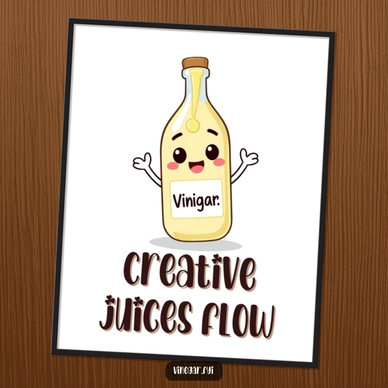 Funny poster showing a cheerful vinegar bottle enthusiastically pouring itself onto a blank canvas, celebrating art and creativity humorously.