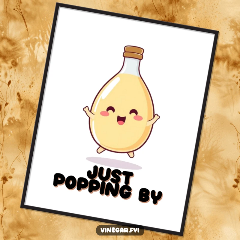 Funny, round vinegar bottle poster depicted joyfully hopping, radiating happiness and vibrant energy.