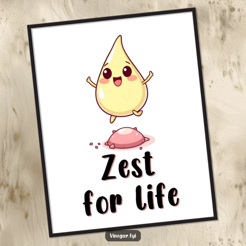 Funny poster depicting a happy vinegar drop in mid-air, leaping over a microscopic pepper flake with pure joy and excitement.