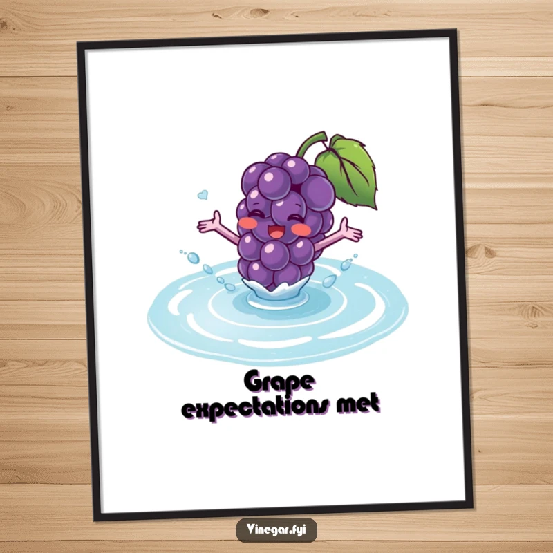 Funny poster art of a blushing purple grape with tiny arms excitedly splashing into a puddle of translucent fluid.