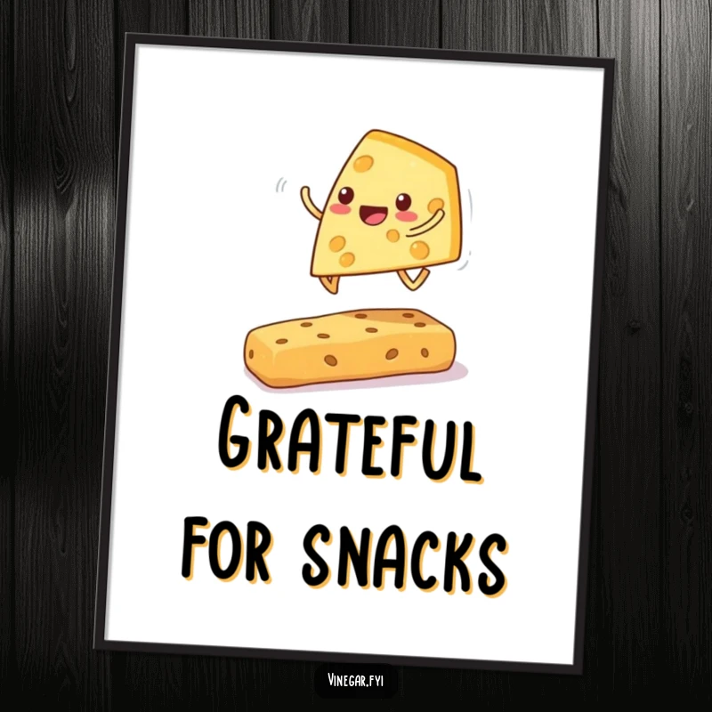 Funny cheese wedge poster of a cheerful wedge playing leapfrog over a cracker, adding a touch of whimsical fun.