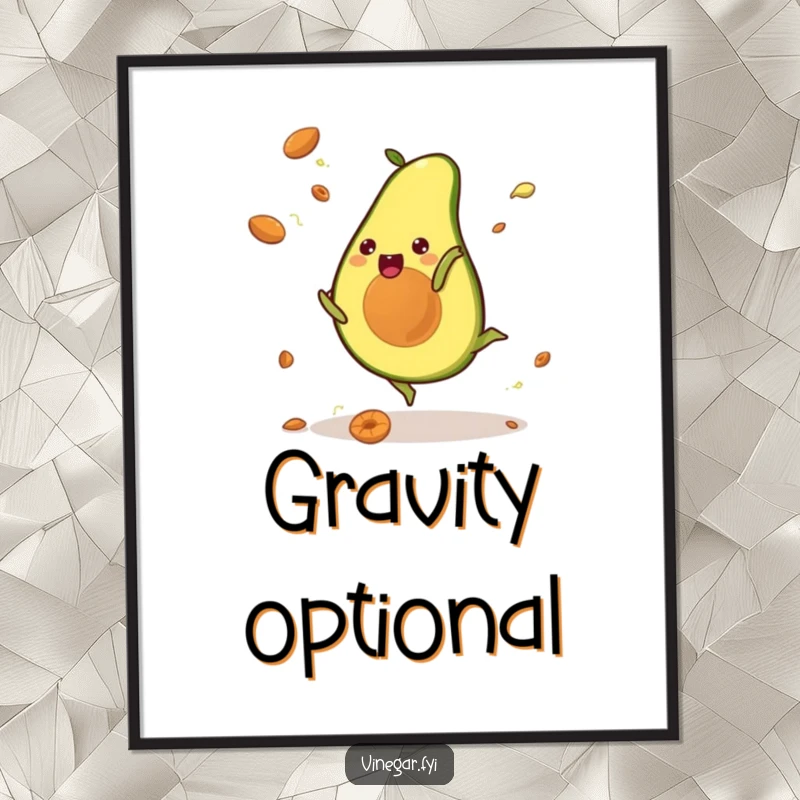 Funny poster of a kawaii avocado doing a cartwheel, pits flying, celebrating vibrant energy, motion, and delightful fruit-themed humor.