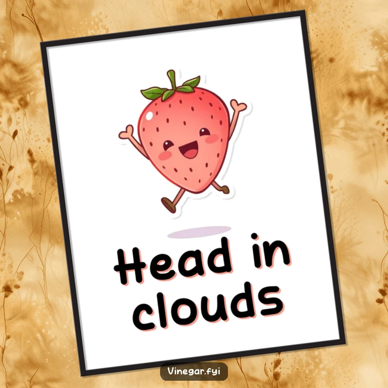 Funny poster of a kawaii strawberry leaping with excitement, leaf cap askew, bringing vibrant happiness and sweet charm to decor.