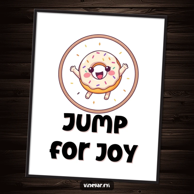 Funny poster of a happy donut with colorful sprinkles leaping gracefully through a hoop, adding a playful touch.