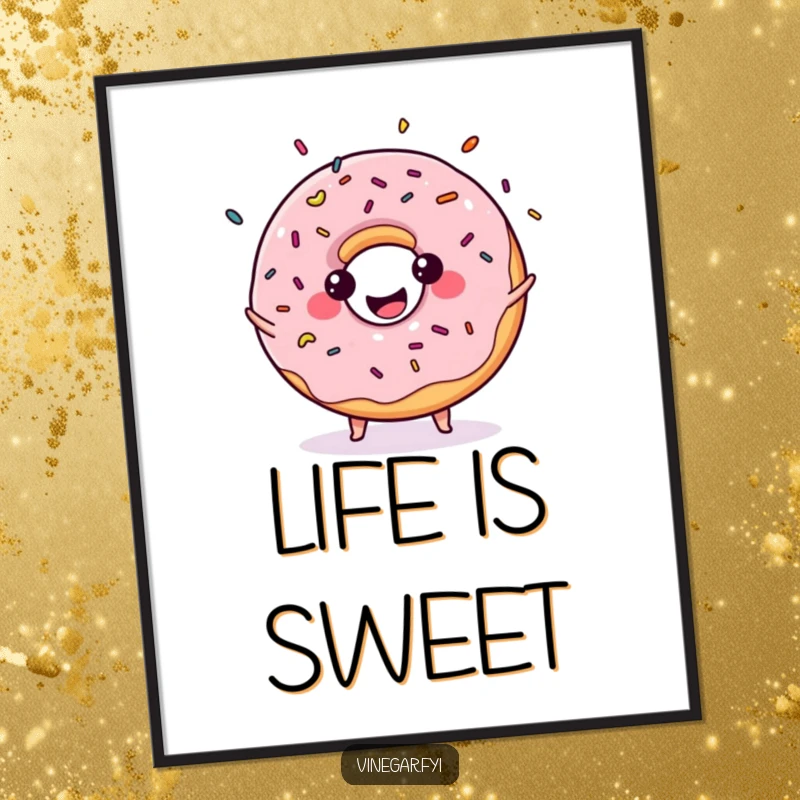 Funny poster of a kawaii donut juggling colorful sprinkles, its beaming smile conveying pure, delightful, sugary fun.