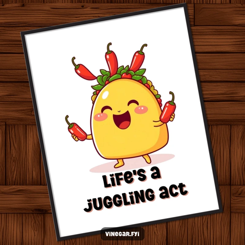 Funny poster showcasing a gleeful taco enthusiastically juggling three small chili peppers with a big, happy grin.