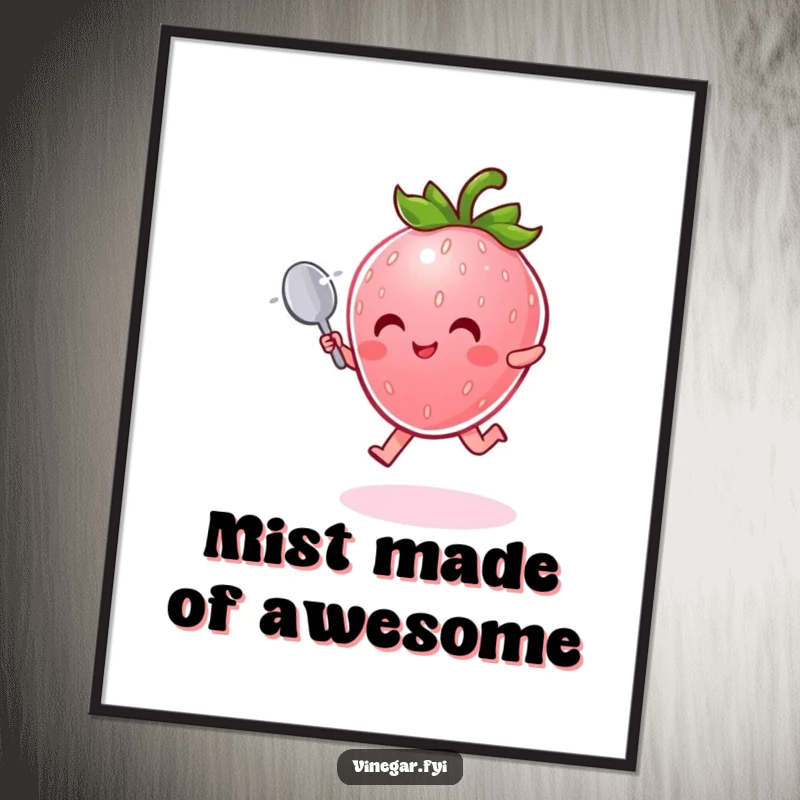 Funny Poster: Radiant pink strawberry character with a tiny spoon joyfully leaps through shimmering mist, bringing vibrant energy.