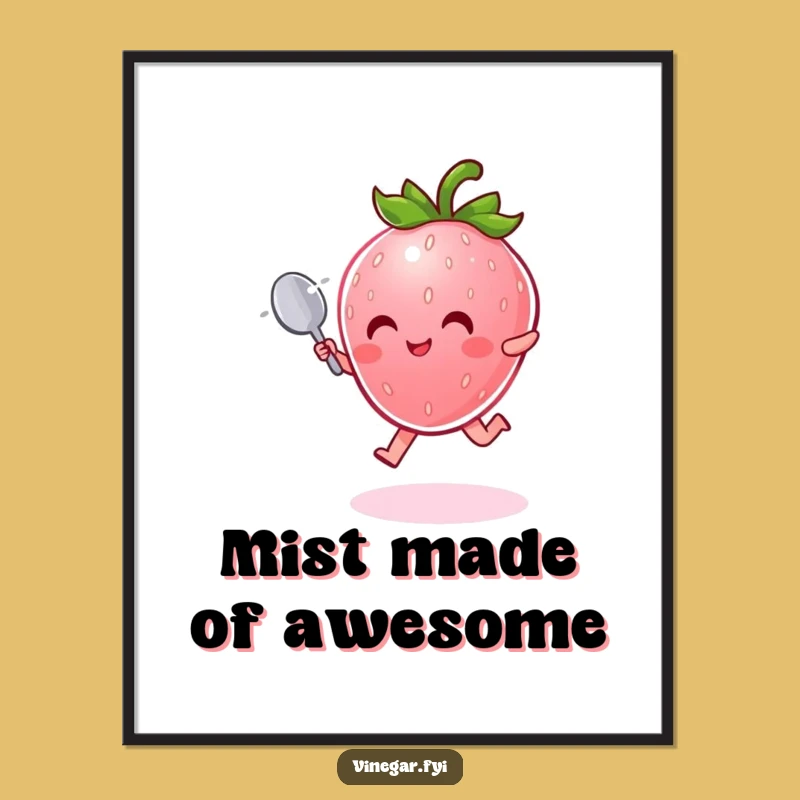 Funny Strawberry Poster: Radiant Pink Character Leaping Joyfully, Vibrant Funny Art Print