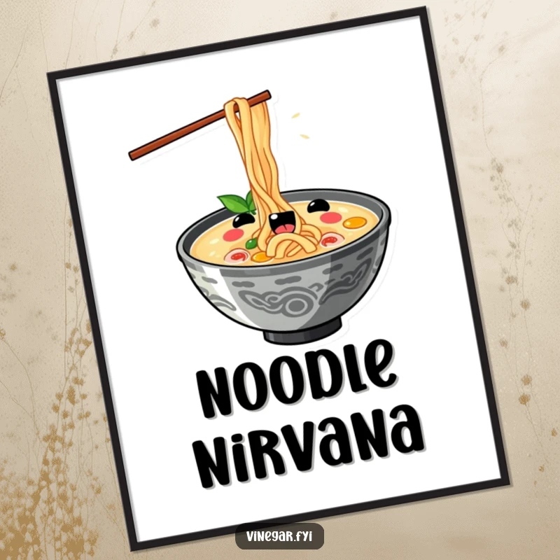 Funny kawaii ramen bowl slurping noodles with exaggerated delight, as a vibrant wall art print, perfect for a funny gift.