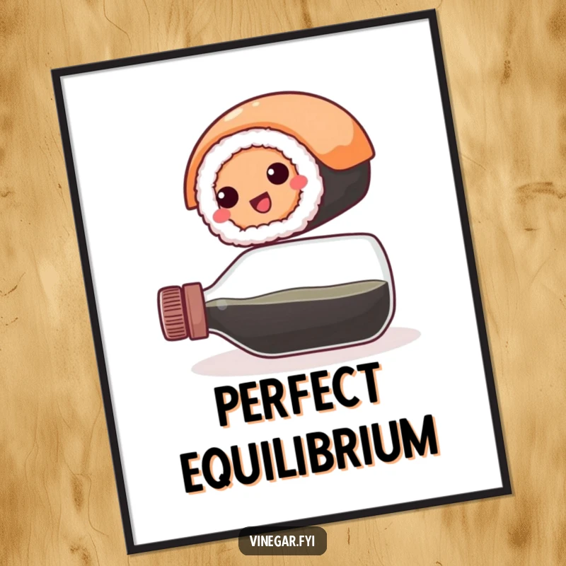 Funny poster: A happy, round sushi roll precariously balances on a vinegar bottle, bringing a unique and humorous visual to any room.