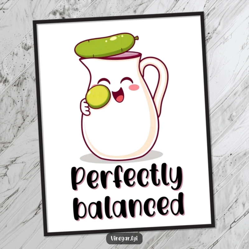Funny poster depicting a thrilled vinegar jug balancing a tiny pickle slice on its nose, adding playful absurdity to decor.