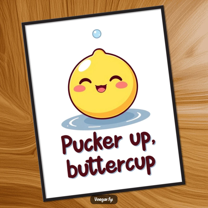 Funny, round lemon character beaming joyfully as a tiny droplet bounces off its surface, presented as a cheerful art print.