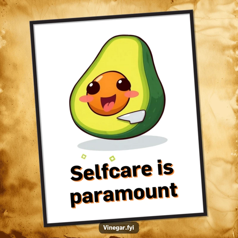 Funny, delighted avocado slicing itself with a tiny knife, as wall art.