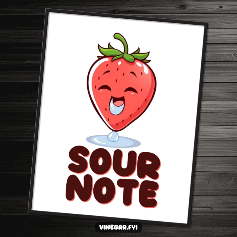 Funny poster art of a cheerful strawberry wincing as vinegar droplets land, creating a humorous and expressive fruit-themed display.