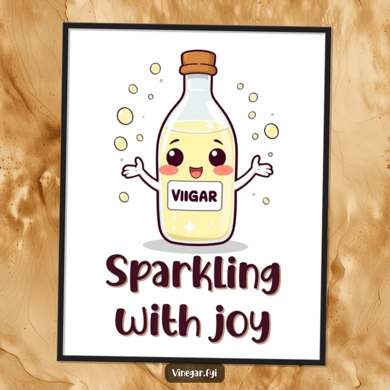 Funny Poster print of a playful vinegar bottle character juggling tiny, sparkling droplets with a cheerful and focused expression.