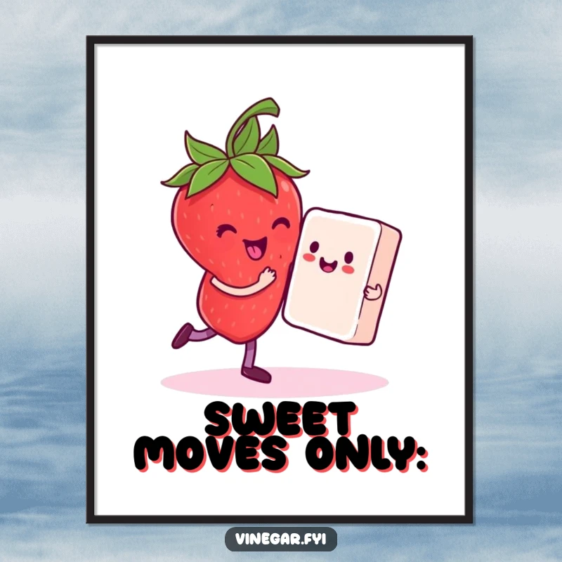 Funny poster of a delighted strawberry dancing with a sugar cube partner, radiating pure joy and sweetness.