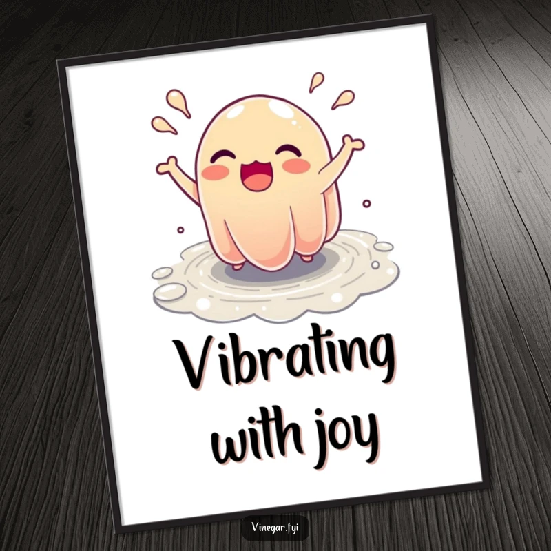 Funny Poster: A wobbly, excited jelly character bounces ecstatically, creating tiny, playful rivulets in a vibrant artwork.