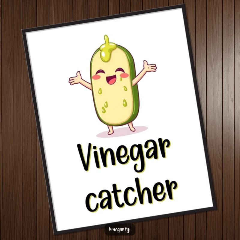 Funny poster print of a giggling pickle slice with outstretched arms, humorously catching drips of vinegar.