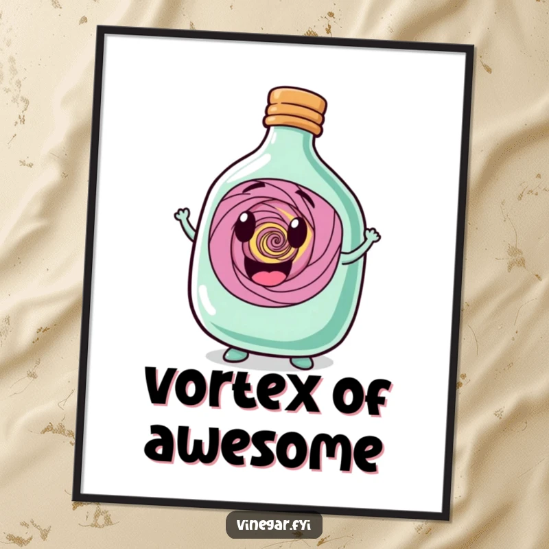 Funny, happy, squat bottle character proudly displaying a swirling vortex within, presented as a whimsical and enchanting art print.