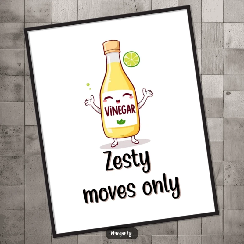 Funny poster: A winking bottle of vinegar and a lime wedge are captured mid-dance, radiating playful energy and kitchen-inspired mirth.