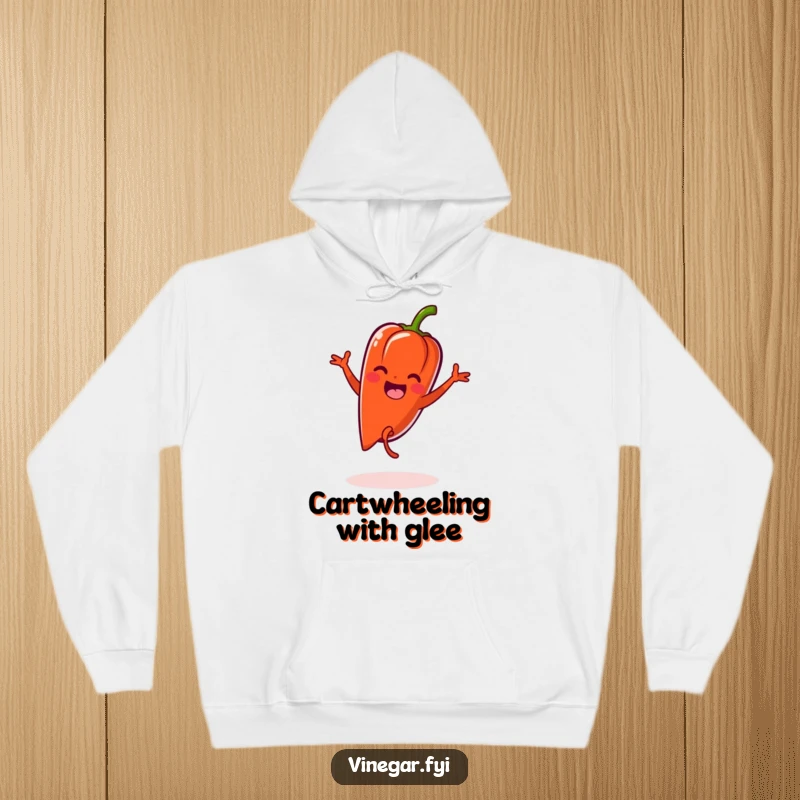 Funny Kawaii pepper doing a cartwheel with zest, printed on a warm and cozy hoodie.