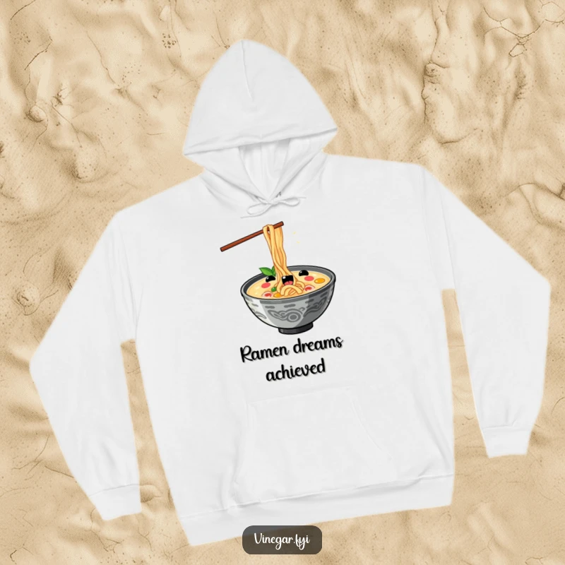 Funny kawaii ramen bowl slurping noodles with exaggerated delight, on a cozy, funny hoodie, perfect for comfort and warmth.