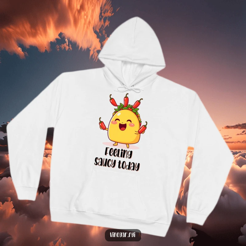 Funny hoodie featuring a happy taco juggling three small chili peppers with a wide, infectious grin, perfect for cozy humor.