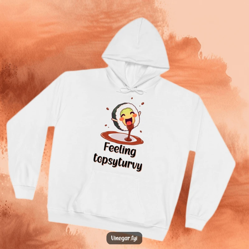Funny hoodie featuring a joyful sushi roll performing an energetic cartwheel with soy sauce splashing, a cozy and comical sight.