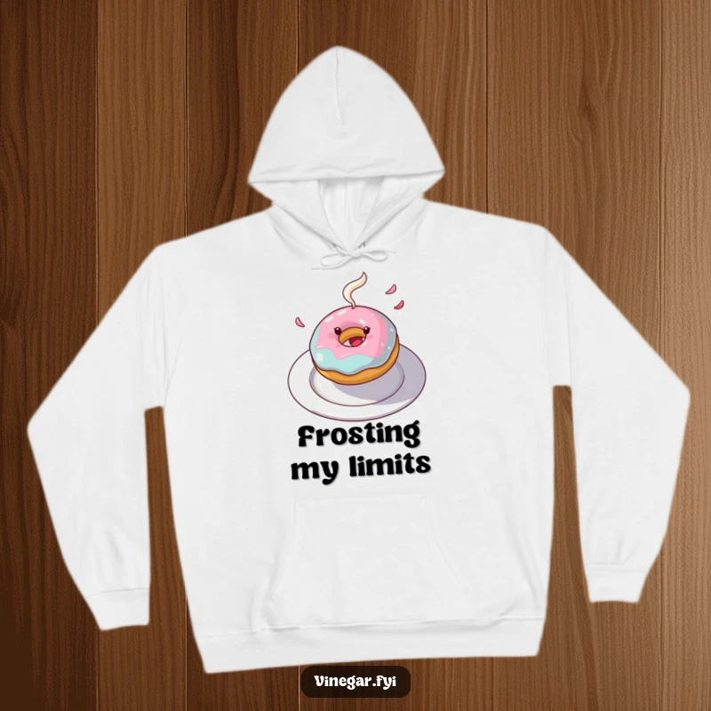 Funny donut hoodie featuring a joyful spinning donut with frosting flying, offering cozy comfort and cheerful vibes.