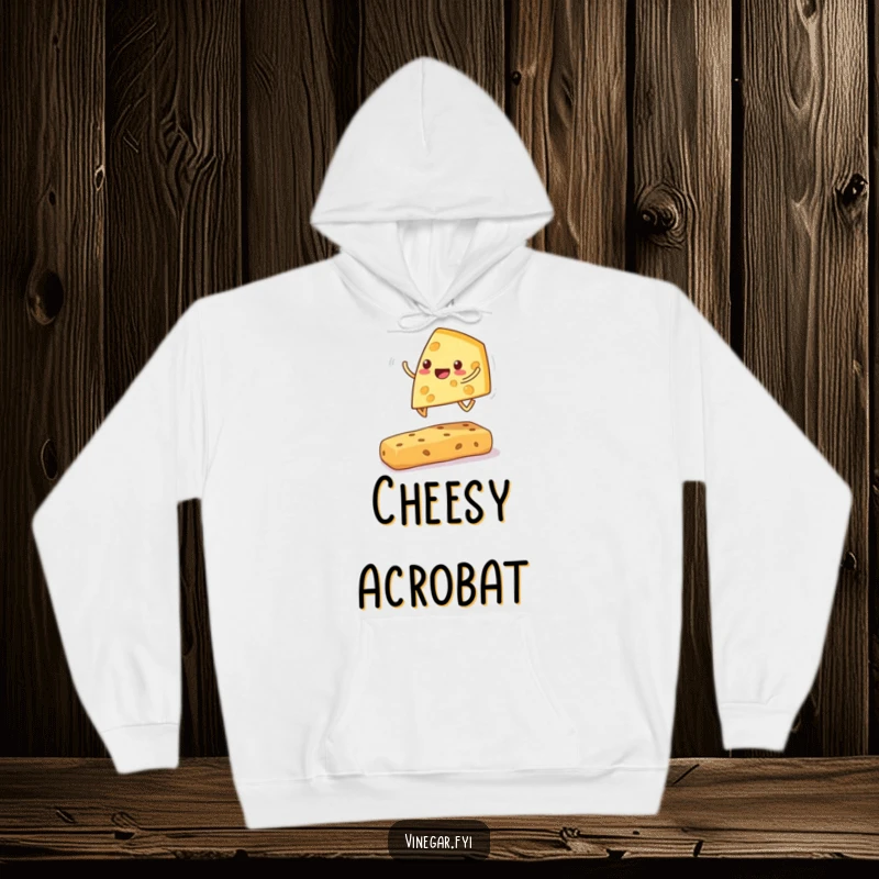 Funny cheese wedge hoodie featuring a cheerful wedge playing leapfrog over a cracker, offering cozy comfort and playful vibes.