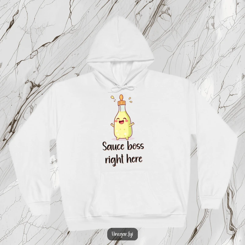 Funny hoodie featuring a grinning condiment bottle gleefully squirting vinegar, perfect for casual wear and humor enthusiasts.