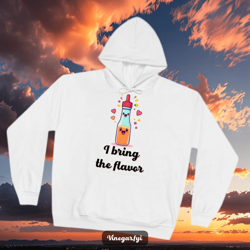 Funny condiment squeeze bottle spraying a rainbow of shapes on a cozy hoodie, bringing vibrant humor to your wardrobe.