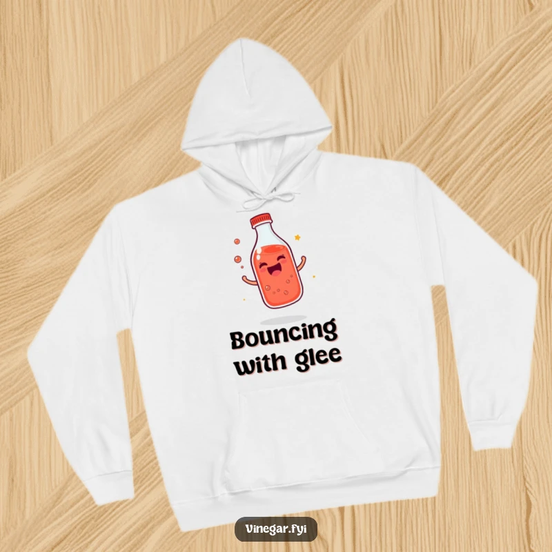 Funny giggling bottle of reddish liquid hoodie bouncing with infectious joy, offering cozy cheer and a great funny gift.