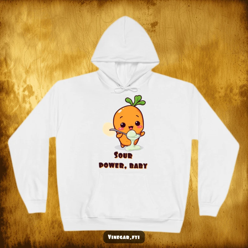 Funny hoodie with a Kawaii carrot character tasting vinegar from a small spoon, showing a puckered sour face, ideal for screen readers.