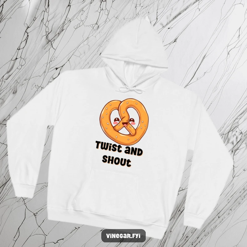 Funny hoodie showing a kawaii pretzel twisting playfully, its cheerful, salty gleam adding a touch of cozy humor.