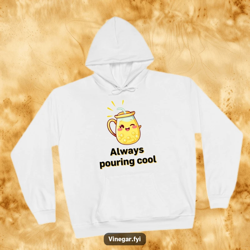 Funny hoodie with a radiant yellow lemonade pitcher character winking mischievously, pouring a stream, offering comforting humor and delightful style.