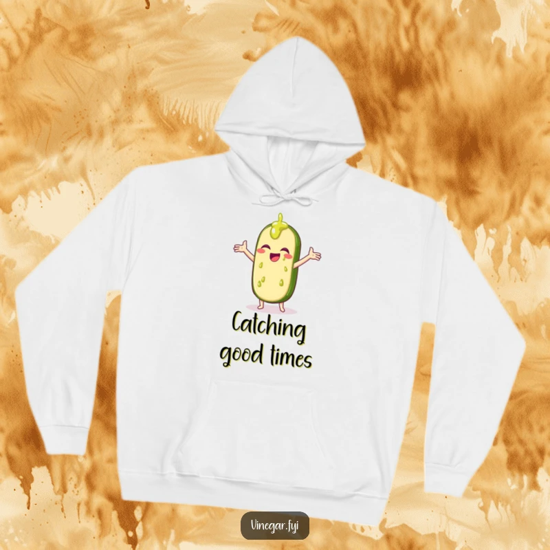 Funny hoodie featuring a giggling pickle slice with its arms spread wide, catching vinegar drips.