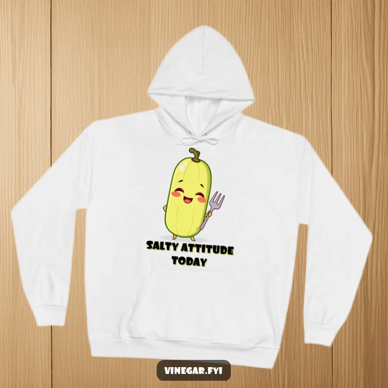 Funny hoodie featuring a giggling pickle striking a confident pose with a tiny fork, offering cozy comfort and sassy humor.