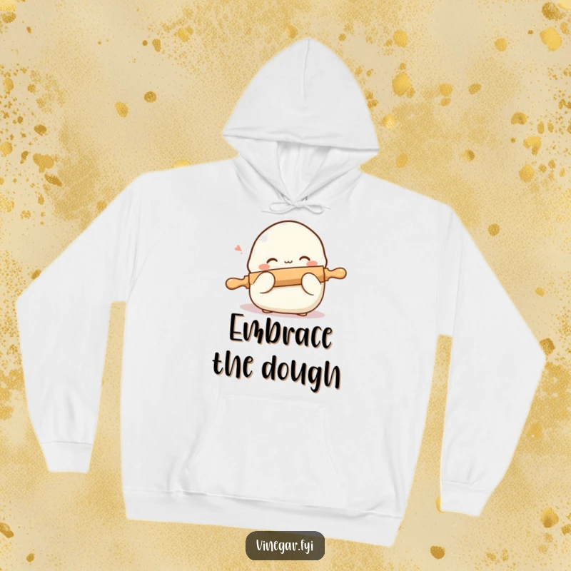 Funny hoodie showcasing a shy dumpling blushing profusely and hiding behind a small rolling pin, a symbol of endearing bashfulness.