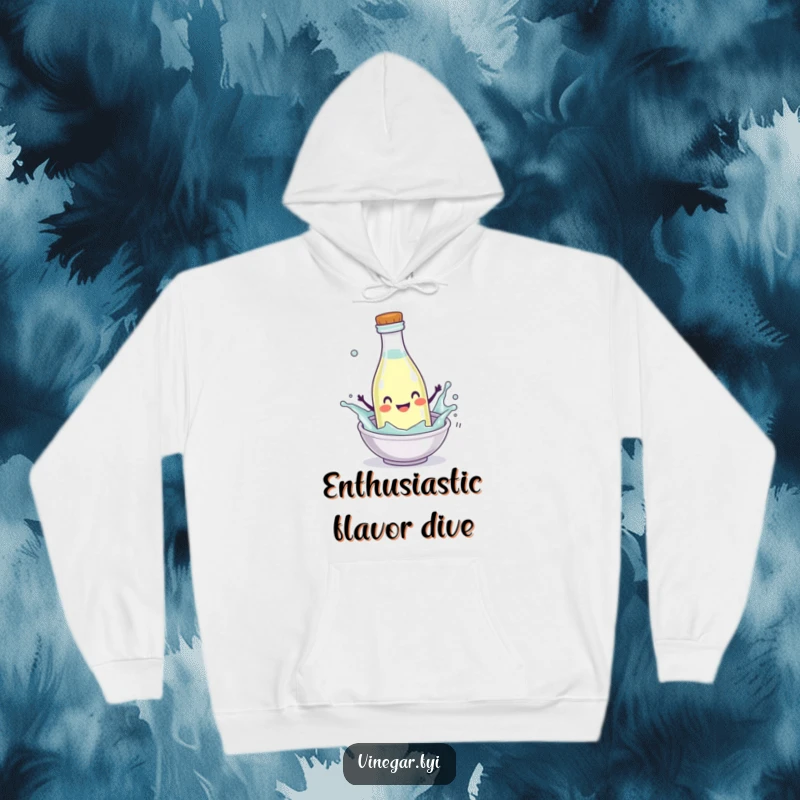Funny Hoodie featuring a happy vinegar bottle character splashing enthusiastically into a mini-dish, offering warmth and a joyful vibe.