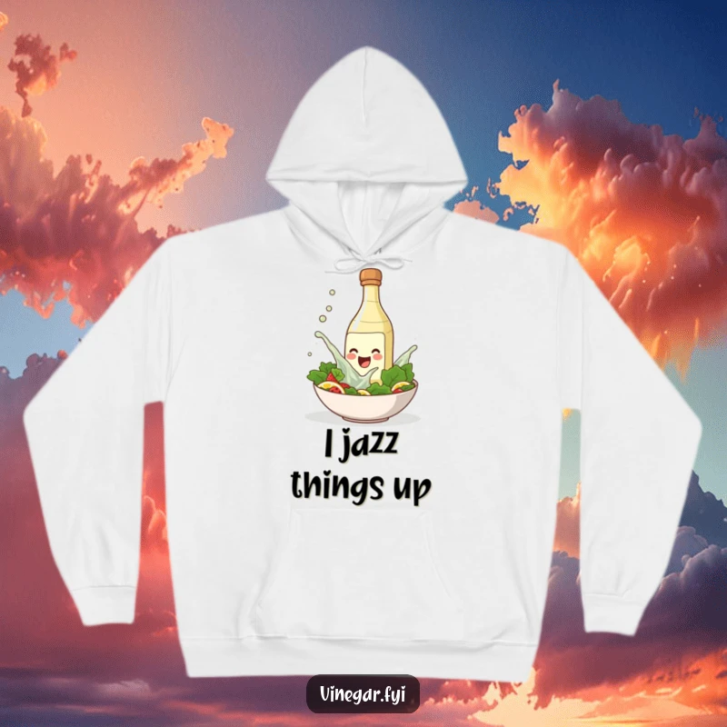 Funny hoodie depicting a smiling vinegar bottle enthusiastically splashing into a salad bowl, cozy and fun.