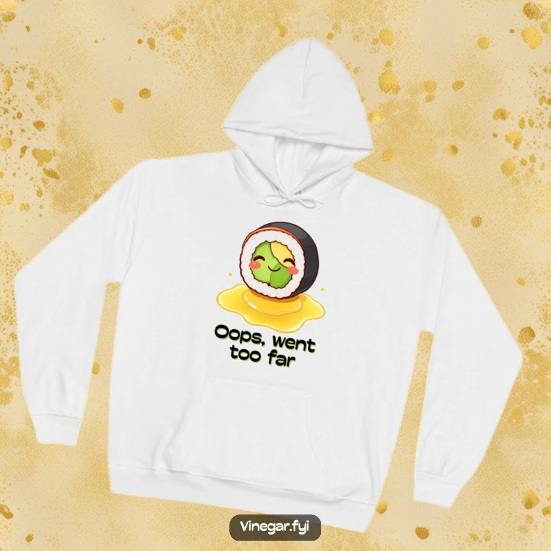 Funny hoodie featuring a smiling sushi roll comically slipping on spilled vinegar, offering cozy comfort with a side of hilarious food-themed fun.